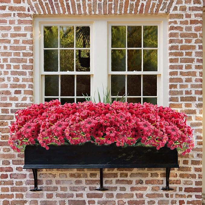 Uieke 72 Bundles Artificial Fake Flowers Outdoor UV Resistant Faux Plants Plastic Cemetery Flowers No Fade Outside Home Garden Porch Window Box Summer Décor -Rose Red