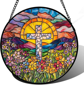 JOSUMALY Stained Glass Window Hanging - Cross Flower Sea Sun Catcher for Door Terrace Garden Home Decor, Mountains Landscape Suncatcher Birthday Gifts for Lovers Women Men Dad Mom Nana 6.3 in