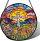 JOSUMALY Stained Glass Window Hanging - Cross Flower Sea Sun Catcher for Door Terrace Garden Home Decor, Mountains Landscape Suncatcher Birthday Gifts for Lovers Women Men Dad Mom Nana 11.8 in