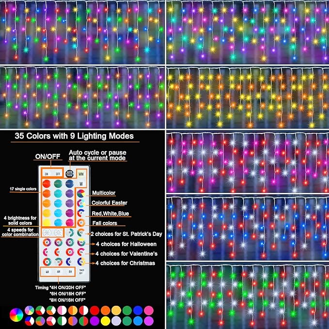 Pooqla Color Changing Icicle Lights with Remote, 35 Colors Christmas Icicle Lights, 300 LED 48FT RGB Waterproof Hanging String Lights for Roof Window Home Party Easter Valentine's Day Outdoor Decor