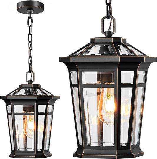 VIANIS Large Outdoor Pendant Light with Adjustable Chain, Black Hanging Lights with Gold Trim, Aluminum Outdoor Chandelier for Porch with Tempered Glass, Hanging Lighting for House, Doorway, Entryway