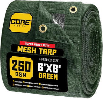 Core Tarps 60% Green Shade Cloth with Grommets - 6 X 8 FT Heavy Duty Mesh Tarp - Sun Shade Cloth for Garden Vegetables Plants Greenhouse Outdoors Backyard Fences Dump Trucks Patio Mesh Shade Tarp