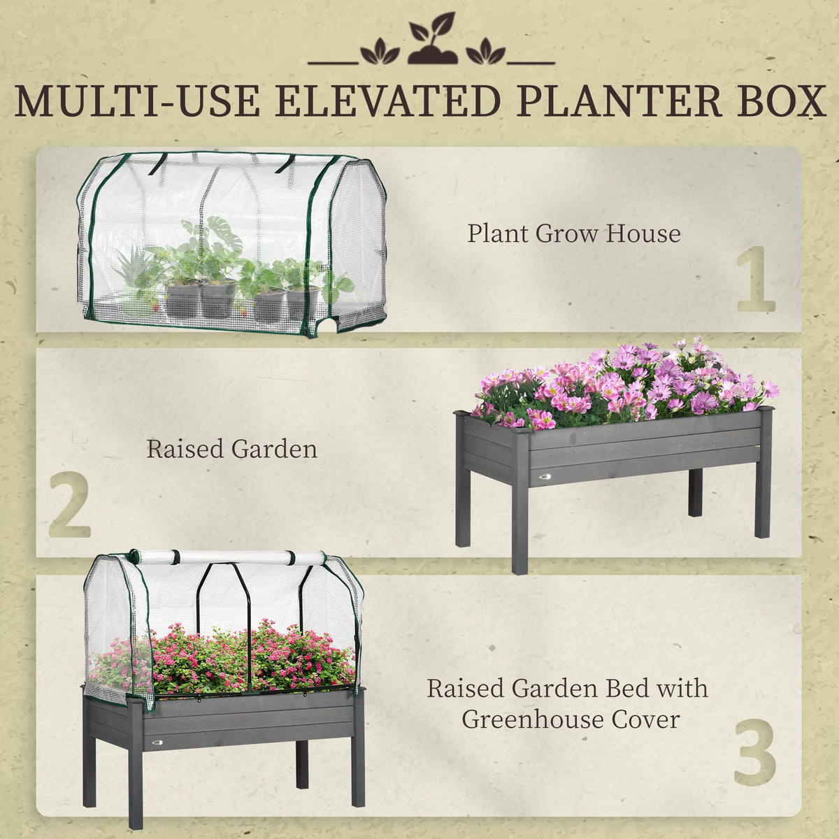Outsunny Raised Garden Bed with PE Greenhouse Cover 48x22x46 inch Dark Gray
