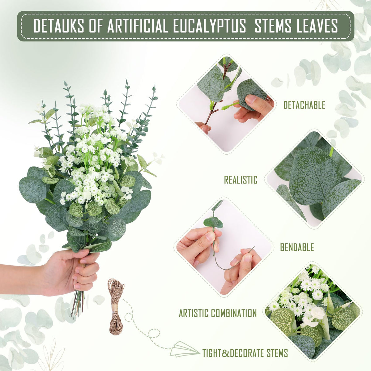 Anbeser 100 Pcs 4 Kinds Mixed Artificial Eucalyptus Greenery Stems Bulk