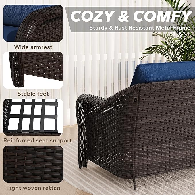 55" Outdoor Loveseat Wicker 2-seat Sofa with Removable Cushions, Conversation Patio Furniture, PE Rattan Couch, Steel Frame Couch with Cushions for Backyard, Deck (Navy Blue)