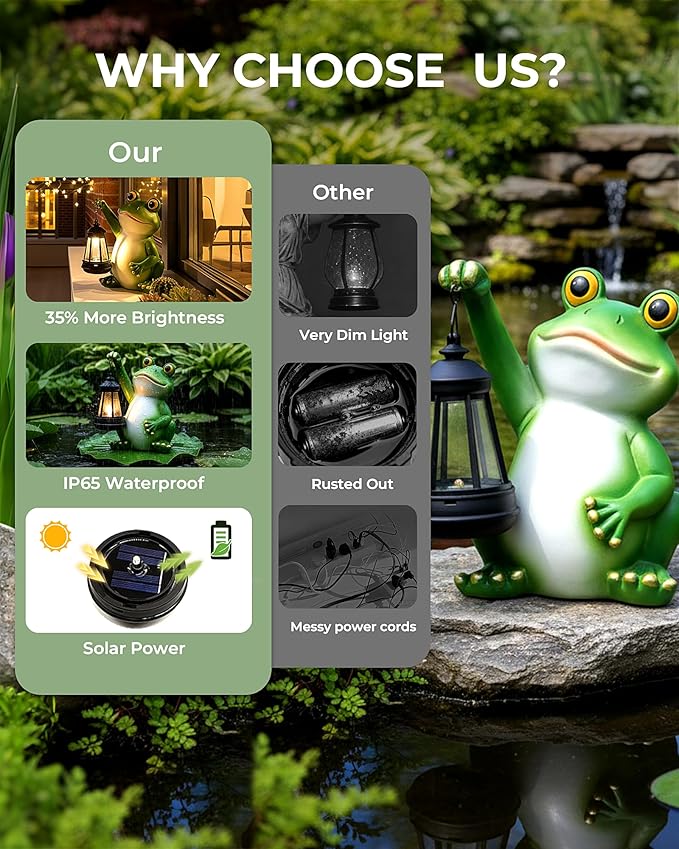 Solar Frog Garden Statue Light, Outdoor Waterproof Decorative Lantern Figurine, Cute Yard Art for Garden Patio Pond Balcony Porch Decor, Housewarming & Gardening Gifts for Women Grandma Mom
