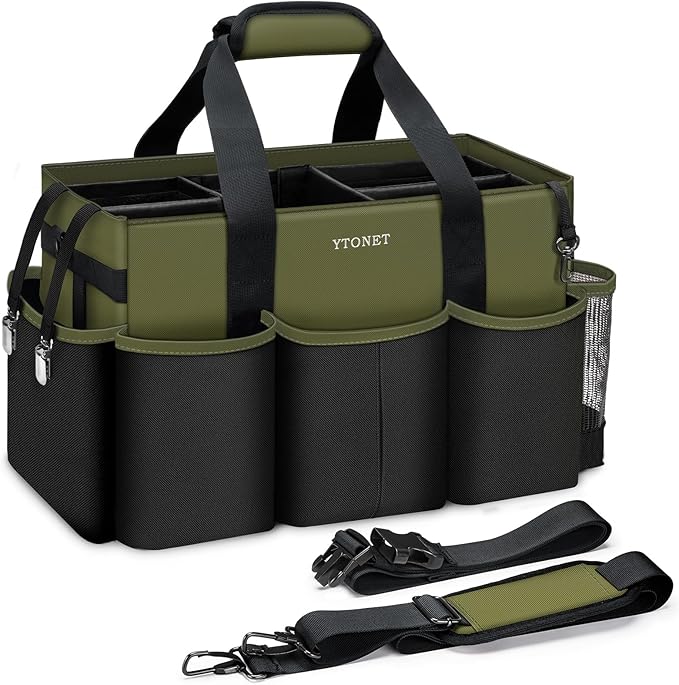 Ytonet Wearable Cleaning Caddy Organizer with Handle & Shoulder Straps, Large Cleaning Bag for Housekeepers, Kitchen Supplies Organizer with Dividers, Under Sink & Car Detailing Bag, Green