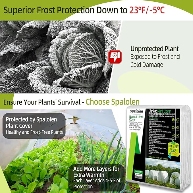 Spalolen Plant Covers Freeze Protection, 10ft X 50ft Floating Row Cover 1.47 oz/yd² Fabric, Garden Frost Cloth Frost Blanket Plant Frost Covers for Outdoor Winter Frost/Sun Pest Protection - White
