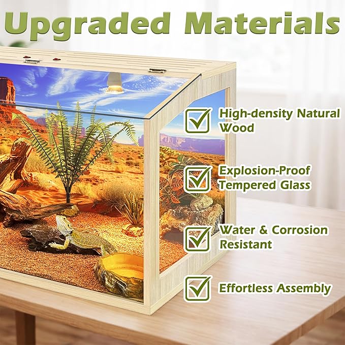 PROLEE Tempered Glass Bearded Dragon Tank,Reptile Tank with Clear Window View, Anti-Scratch Lizard Tank,Spacious Reptile Enclosure for Snakes, Lguanas, Chameleons (Oak, 28Gallons,24"L x 16"W x 16"H)