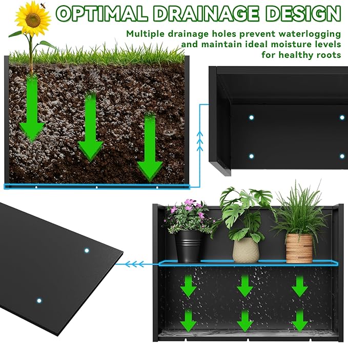 NUWJBYE Tall Metal Planter Box, 30" L x 10" W x 24" H Large Outdoor Planters with Drainage & Adjustable Shelf, Heavy Duty Steel Rectangular Planter for Patio, Balcony, Indoor(Black)