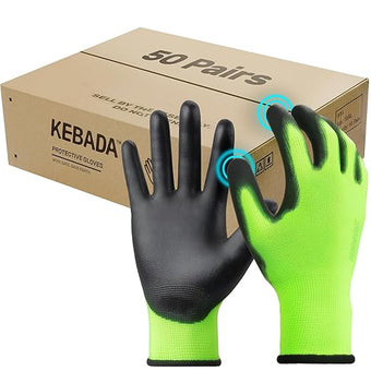 Kebada W1 Work Gloves for Men and Women, Touchscreen PU Coated Gloves with Grip, 50 Pairs Bulk Pack, Ideal for Warehouse Package Handling, Construction, Gardening, Green Large