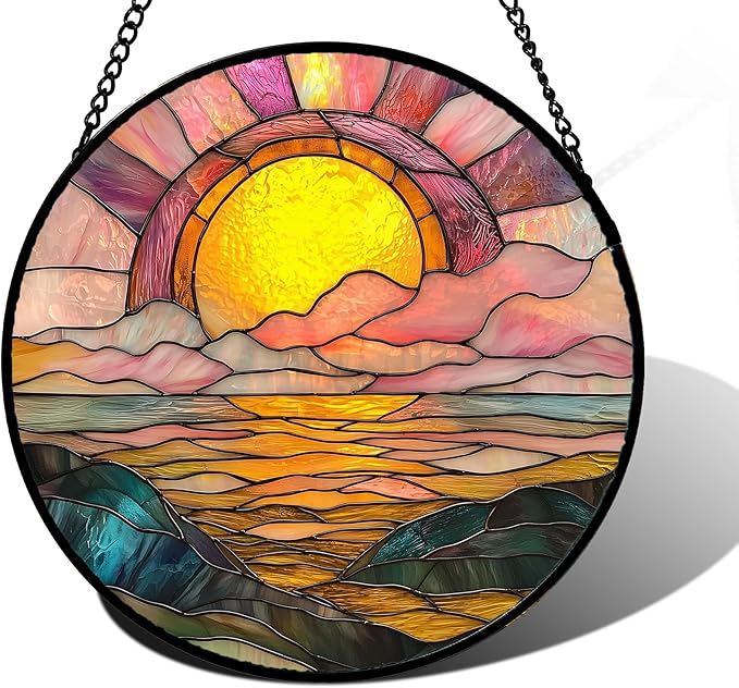 DASTOLL Stained Glass Window Hanging, Sunrise Over The Sea Suncatcher Diamond Glass Panel Hangings Abstract Sun Catchers Decor for Birthday for Women, Men, Wife, Aunt, and Mom 6.3 in