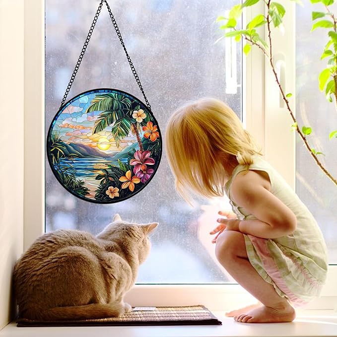 DASTOLL Stained Glass Window Hanging, Colorful Landscape Suncatcher for Doors Home Sun Catchers Decoration and Christmas, Mother's Day Birthday Gifts for Women, Men, and Mom 7.8 in