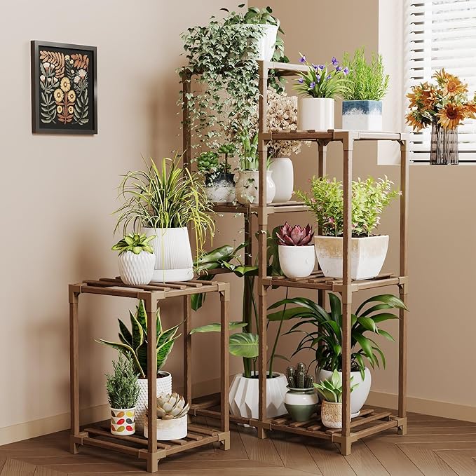 Bamworld Plant Stand Indoor Corner Plant Shelf Wood Plant Holder for Multiple Plants Tall Flower Stands Plants Table Rack Garden Patio Lawn Window 03H, Brown