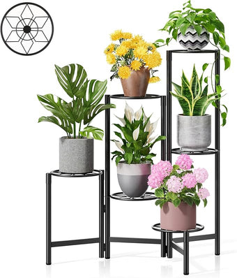 NQW 6 Tier Metal Plant Stands Outdoor Indoor, Heavy Duty Flower Pot Holder Potted Display Rack Shelf, Tall Corner Plant Shelf for Patio Garden Balcony Living Room Bedroom -BlackDiamond