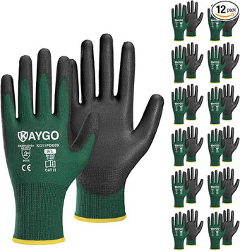 KAYGO Safety Work Gloves PU Coated,12 Pairs KG11PB Seamless Knit Glove for Men and Women, with Smooth Grip on Palm and Fingers, Ideal for General Duty Work (Large,Dark Green)