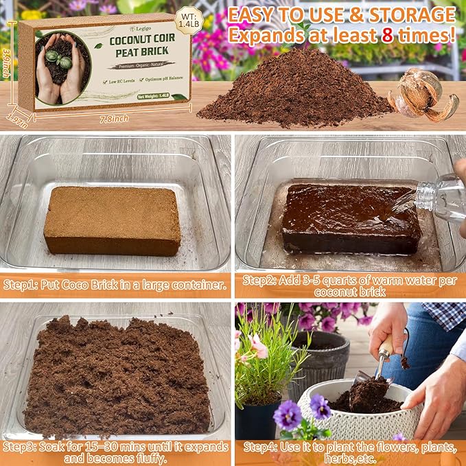 Legigo 4 Pack Premium Coco Coir Brick for Plants- 100% Organic Compressed Coconut Coir Bricks Starting Mix, Coco Coir Fiber Coconut Husk for Planting, Gardening, Potting Soil Substrate, Herbs