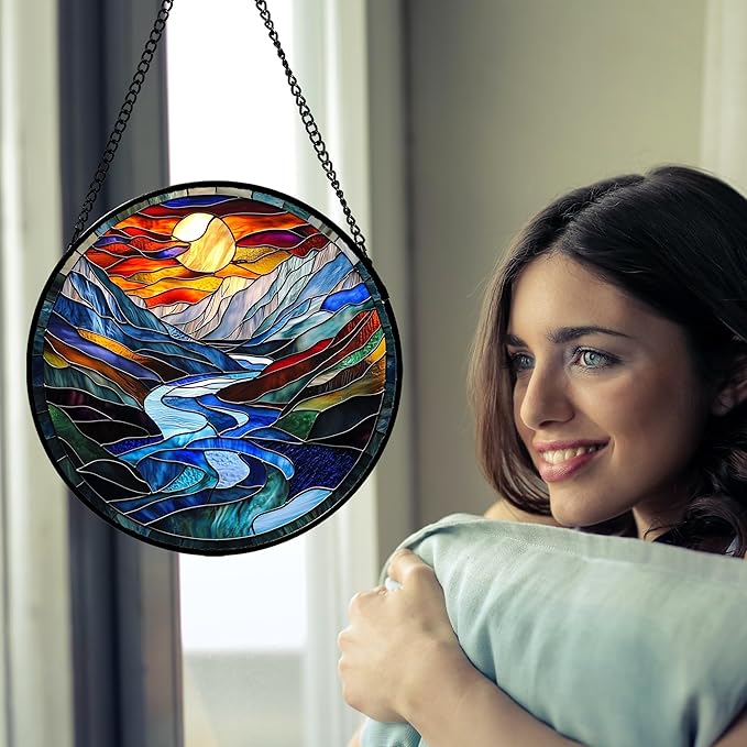 Stained Glass Window Hanging, Canyon Mountains Sunset View Sun Catcher for Window Home Decor Landscape Suncatcher Mother's Day Birthday Gifts for Women Men Mom and Nana 15 in