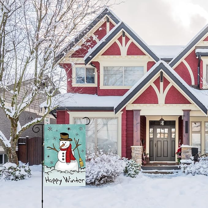 Morigins Happy Snowman Primitive Winter Yard Flag Double Sided Decorative Let it Snow Garden Flag 12.5x18 Inch