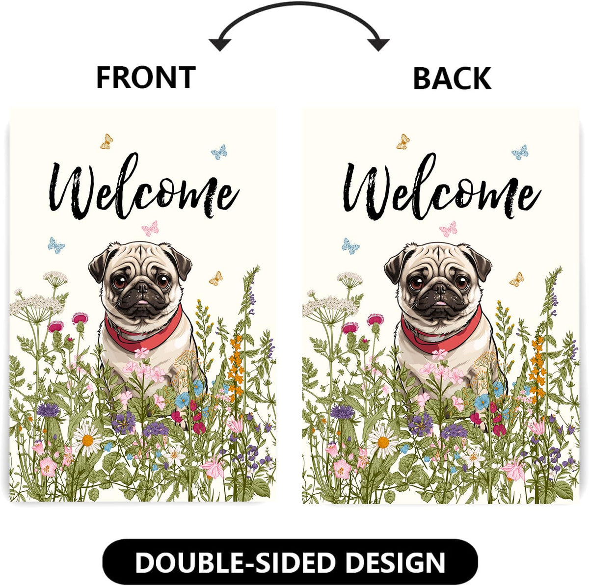 Floral Pug Garden Flag Spring Summer House Flags 28 x 40 Double Sided Flower Dog Yard Flags for Outside Large Outdoor Welcome Flags