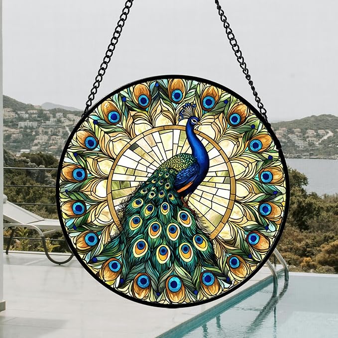Stained Glass Window Hanging - Retro Peacock Decoration Suncatcher for Door Garden Home Bird Feather Sun Catchers Christmas Mother's Day Birthday Gifts for Women Men Mom Nana Friend 14.9 in