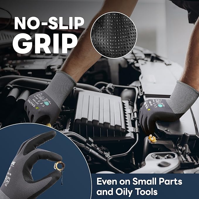 DULFINE Work Gloves for Men and Women,Grey Nylon with MicroFoam Nitrile Coated-12 Pairs Pack, Dots on Palm for Anti-slip and Extra Abrasion Resistant(Large)