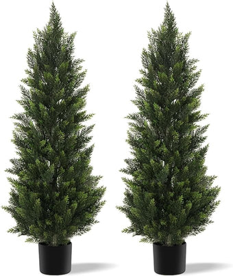 Outdoor Artificial Cedar Topiary Tree, Faux Evergreen Shrubs for Front Porch Decor, Lifelike Fake Bushes Plants for Home Living Room Front Door Decor (2, 4ft)
