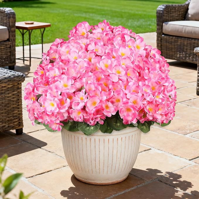 Artificial Geraniums Flowers for Outdoors, 6 Bundles Realistic Silk Fake Geranium, No Fade Faux Plants for Hanging Baskets, Window Boxes, Pots - Porch, Patio, Garden Decor(Pink)