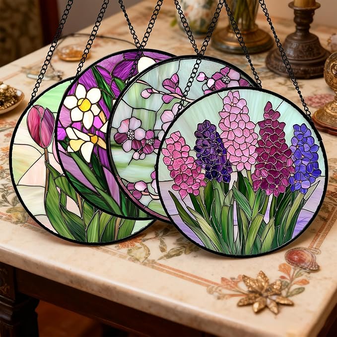 AMDERVEN Stained Glass Window Hanging 4 Pcs Set Tulips Plum Flower Daffodils Hyacinths 7.8" - Suncatcher Door Garden Sun Catcher Decor Birthday Mother's Day for Mom Woman Nana