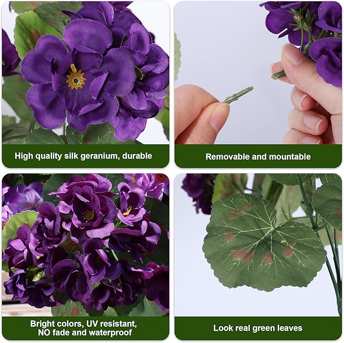 Artificial Geranium Fake Flowers for Outdoors Decoration, 6 Bundles Silk Geraniums Flower UV Resistant Look Real Faux Plants for Front Door Garden Porch Planter Patio Balcony Yard Indoor Home, Mix
