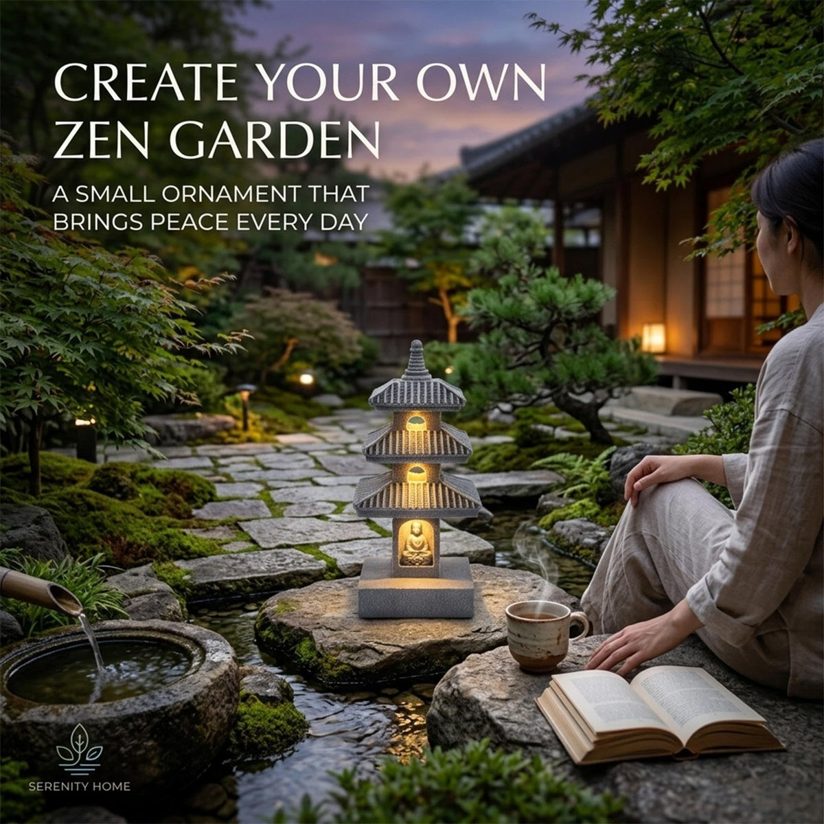 Asian Solar Zen Pagoda Garden Statue, Lawn Ornaments Indoor Outdoor Decor