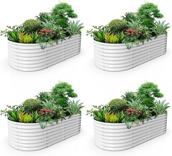 A ANLEOLIFE 4-Set 8X4X2 ft Galvanized Raised Garden Bed Kit, Oval Metal Deep Root Planters for Outdoor Plants, Antique White