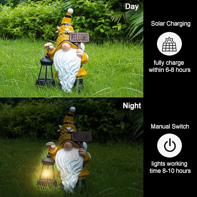 Maikall Rish Gnome Garden Statues with Solar Lights Outdoor Gnomes Sculpture Yard Patio Decor for Lawn Ornaments Gardening Gifts（Bee Gnome