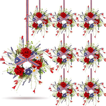 8 PCS Mini Patriotic American Cabinet Wreaths Small Red White and Blue Floral Wreath for Front Door with Ribbon Roses Daisy Forsythia July Independence Day Hanging Wreath for Porch Wall Window Decor