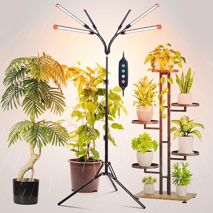 6Head Grow Lights for Indoor Plants, Seed Starting, Vegetables, Bonsai with Tripod Stand and Auto On/Off Timer 4/8/12H, 54W Power Full Spectrum Standing LED Plant Growing Lamps, 360° Gooseneck