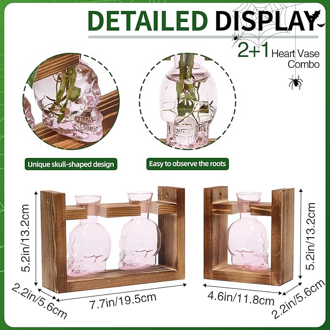 2+1 Plant Terrarium Plant Propagation Station Gifts for Father Halloween Skull Home Office Decor with Wooden Stand