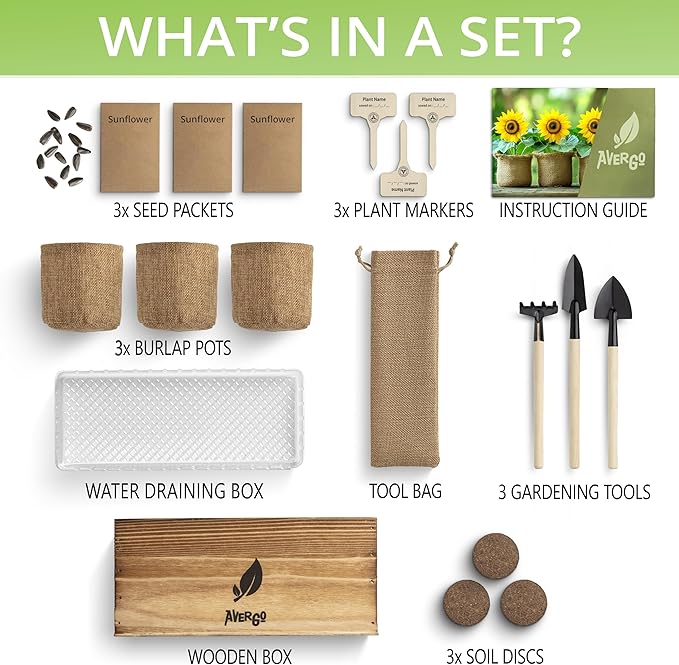 AVERGO Sunflower Seeds Growing Kit – Complete Seed and Plant Indoor & Outdoor Kit with Sunflower Seeds for Planting, Planter, Soil, Tools, Instructions – Ideal for Planting Sun Flowers at Home