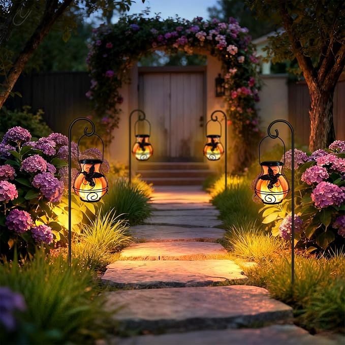2 Pack Solar Lanterns Outdoor Waterproof Flickering Flame Lights Hummingbird Metal Hanging Solar Lantern Patio Porch Garden Decoration