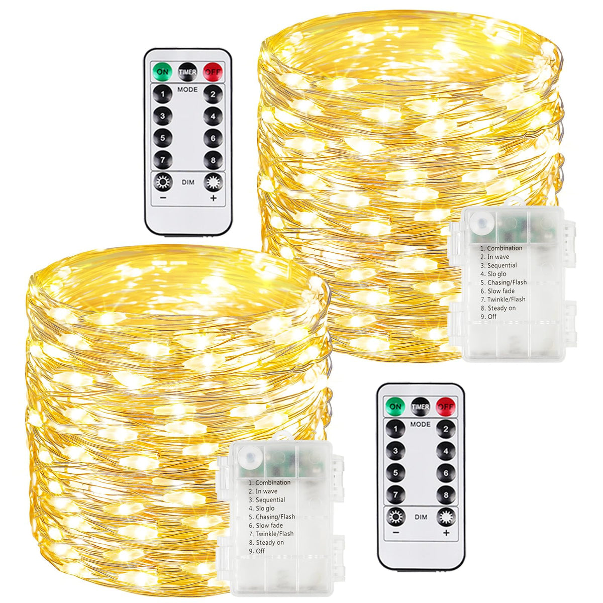 2 Pack 200 LED Fairy Lights Battery Operated with Remote, 66 FT Warm White