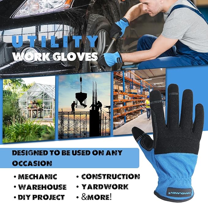 HANDLANDY Work Gloves for Men & Women, Utility Mechanic Working Gloves Touch Screen, Flexible Yard Work Gloves