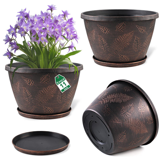 Svxtoby 11 inch Plant Pot, 3 Pack Vintage Rolled Rim Large Pots for Plants