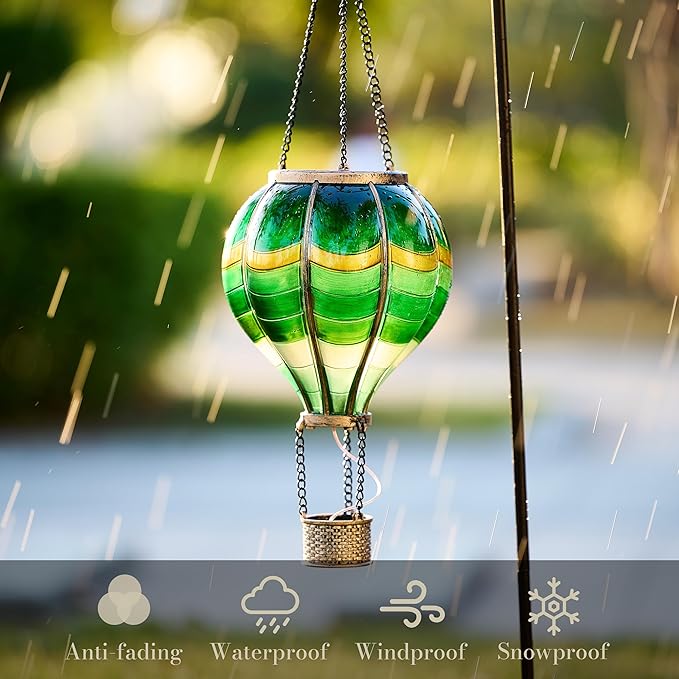 TERESA'S COLLECTIONS Hot Air Balloon Solar Lantern for Outdoor Garden Decor, Hanging Flickering Flame Outdoor Lights for Trees, Green St Patrick's Day Decorations for Party Father's Gift