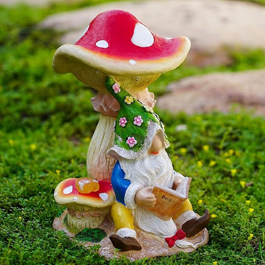 Solar Garden Outdoor Statues Gnome Reading Under Mushroom with 5 LED Lawn Decor Outside Decorations for Patio, Balcony, Yard Ornament Unique Garden Gift