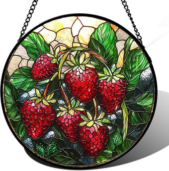 AMDERVEN Stained Glass Suncatcher, Red Strawberry Green Leaf Sun Catcher Silver Background Stain Glass Window Hanging Decoration Mother's Day Birthday Gifts for Women Men Mom Nana 7.8 in
