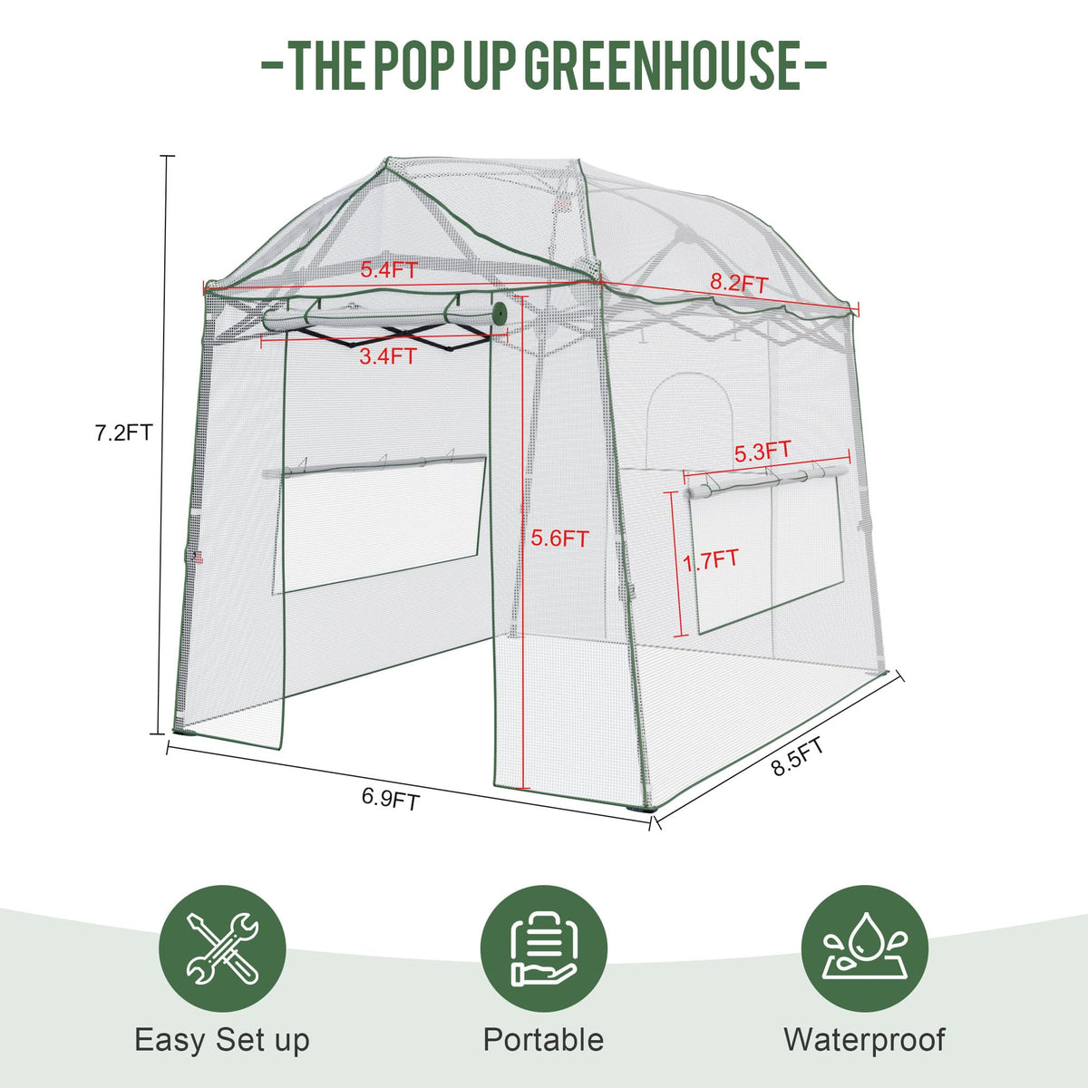 8.5 x 7 ft Pop-up Greenhouse, Walk-in Green House for Indoor Outdoor