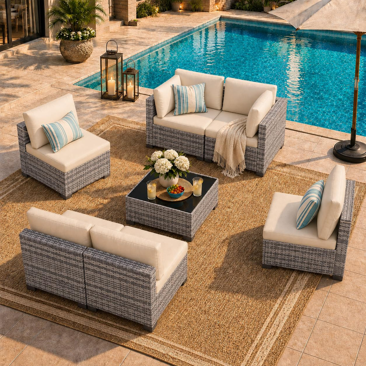 LOUVIXA 7 Piece Outdoor Patio Furniture Set, Outdoor Sectional Sofa, Wicker Rattan Patio Furniture, Patio Conversation Set with Coffee Table & Cushions