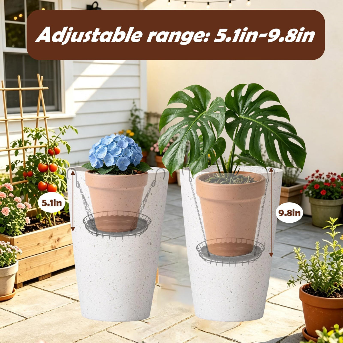 HeQiD 2 Set Adjustable Planter Inserts for Large Pots, Plant Risers for Inside Pots, Adjustable Plant Stand Indoor Outdoor, Stainless Steel Planter Insert with 8 Chains for Large Pots Tall Planters