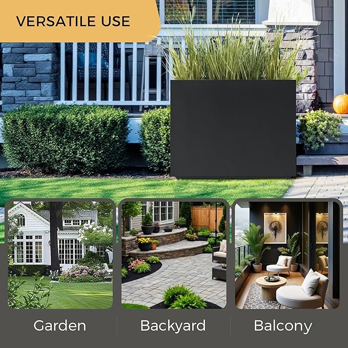 Tall & Long Metal Planter with Middle Shelf, 36W x 11D x 30H Large Rectangular Outdoor Planter Box, Span Divider for Garden, Patio, Yard | Easy 5-Min Assembly, Drainage Holes, Adjustable Feet, Black