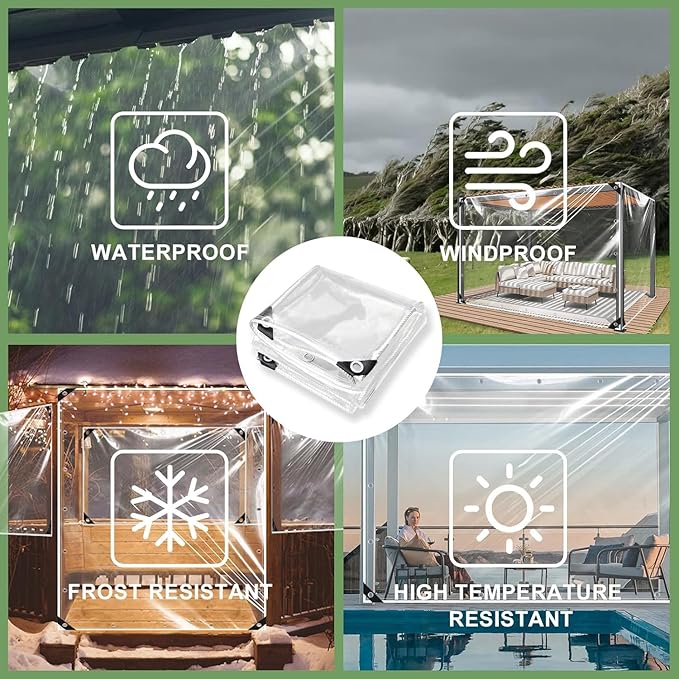 8x16ft Clear Tarp with Grommets Cover,Clear Tarpaulin Tear Waterproof Heavy Duty with Resistant PVC Vinyl Tarps,20mil Reinforced Edges Outdoor Waterproof Tarps,Greenhouse, Patio and Porch