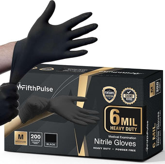 FifthPulse 6 Mil Black Nitrile Gloves, Heavy Duty Mechanic and Food Grade Glove - Powder-Free, Latex-Free Medical Exam Gloves